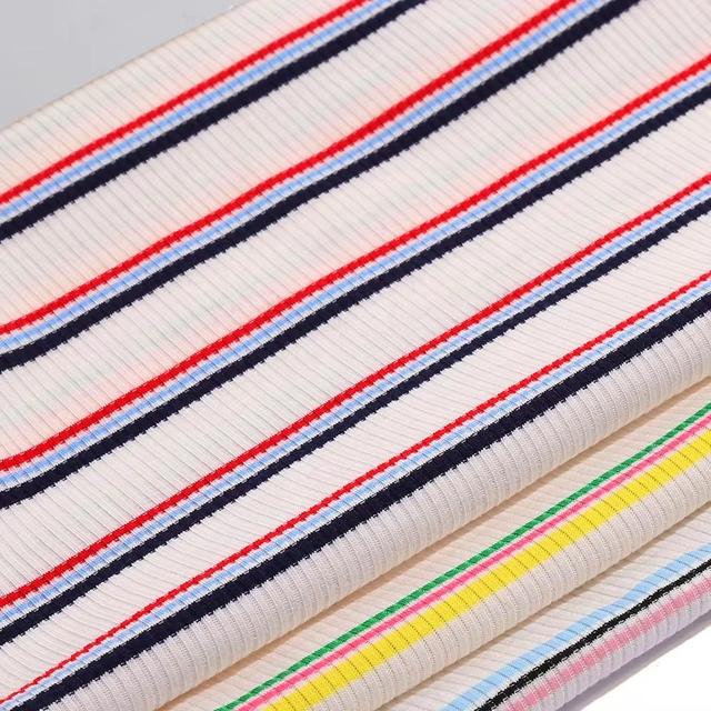 China Supplier Clothing Fabric Knitted Rib Yarn Dyed Polyester Rayon Spandex Knitting Stripe Rib Fabric