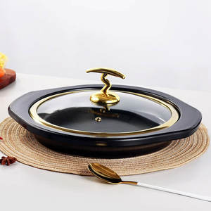 Casserole électrique en céramique à fond plat avec couvercle en verre doré résistant à la chaleur pour hôtel Casserole pour crevettes à l'ail - Product Image 1