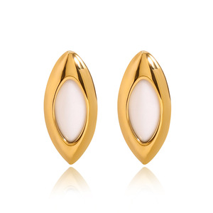 Stud Earrings 18k Gold Plated Stainless Steel Marquise Green Agate Bezel Setting For Women Gift Jewelry - Product Image 5