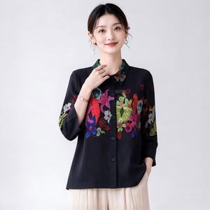 Chemisier plissé floral élégant <span class=keywords><strong>pour</strong></span> femme, imprimé artistique, boutonné, expédition rapide en 7 jours, modèle technique, prêt à être expédié - Collection 2026 - Product Image 5