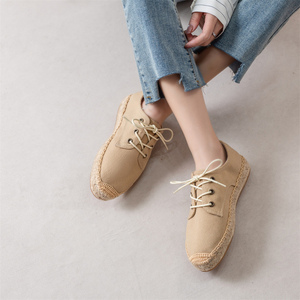Zapatos planos beige para mujer, zapatos de lona con punta cerrada, alpargatas con cordones de tela, plataforma trenzada, calzado informal de verano - Product Image 2
