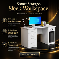 Bureau de travail ergonomique moderne blanc 1,6 m avec rail coulissant silencieux, passe-câbles et armoire de rangement verrouillable pour usage professionnel