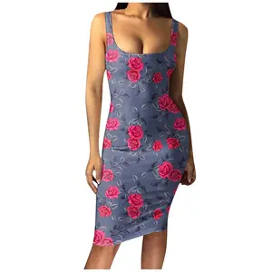 Gaun wanita cetak 3D penjualan laris 2024 gaun kasual tanpa lengan leher rendah seksi