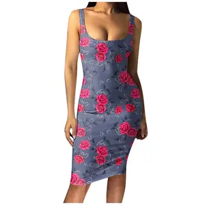 Vestido feminino estampado 3D sexy sem mangas com gola longa, vestido casual feminino de grande venda, 2024