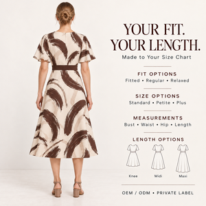 OEM Maßgeschneidertes Damen-Kakao-Abstrakt-Midikleid <span class=keywords><strong>mit</strong></span> malerischem Bogenflügel-Volant, kontrastierendem Gürtel, kreativem Studio-Signatur-Design und Eigenmarke - Product Image 2