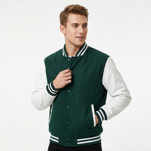Veste universitaire pour homme, vert et blanc, style preppy, coupe classique, simple boutonnage, col rabattu, en polyester, pour l'automne - Product Image 1