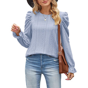 Blusa Feminina de Outono Moda Decote Redondo Manga Longa Elegante Camisas Top em Cor Sólida para Mulheres - Product Image 6