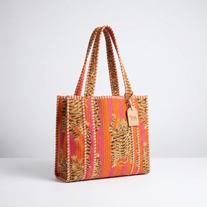 Handblock Print Leopard Pattern Open Closure <b>Tote</b> Bag Blue <b>Canvas</b> Preppy Style Winter Summer Shopping Bag Rajasthan 14X16 Inches - Product Image 1