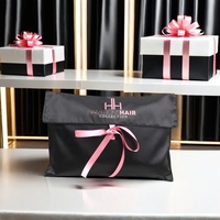 Sac à Perruque en Satin Noir Imprimé Logo Personnalisé avec Nœud, Pochette Anti-poussière pour Extensions de Cheveux et Vêtements