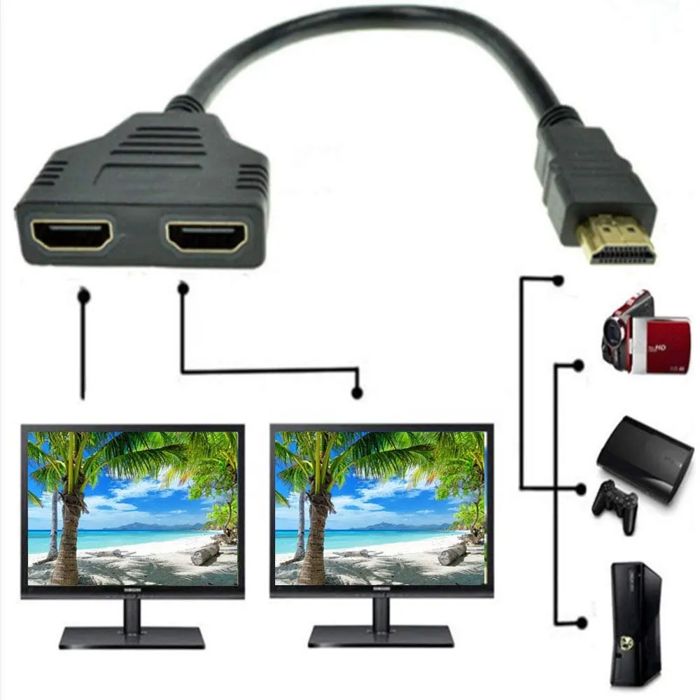 HDMI dağıtıcı adaptör kablosu HDMI erkek çift HDMI kadın 1 ila 2 yönlü Splitter dizüstü ve TV monitörü vb