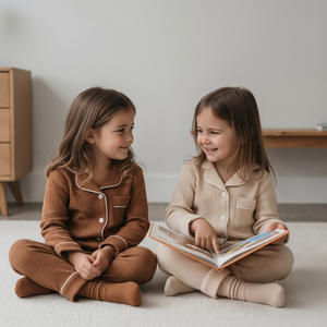 Pyjama pour enfants en coton gaufré et polyester, certifié Oeko-Tex, doux, respirant, couleur unie, durable, manches longues, ensemble de pyjamas pour enfants - Product Image 1