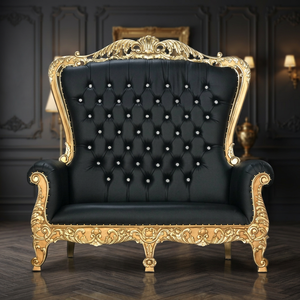 Black <b>Gold</b> Victorian Tufted Leather Loveseat Antique Style Living Room Chair - Product Image 3