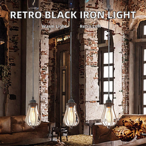 Modern American Simple LOFT Wrought Iron Hotel Chandelier Black Bird Cage Single Head Pendant <b>Light</b> with Neon Bulbs for Dining - Product Image 2