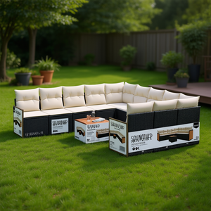 Ensemble de canapés de jardin en polyrotin noir avec pieds réglables, mobilier d'extérieur au design contemporain, coussins en mousse haute densité - Product Image 2