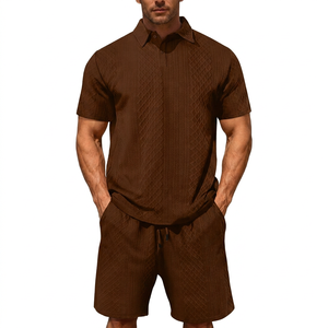 <b>Men</b> Black Knitted Polo Shirt and <b>Shorts</b> Set Geometric <b>Pattern</b> Casual Summer Outfit Breathable Two Piece Clothing - Product Image 3