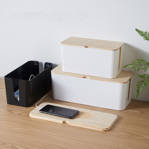 Office Organizer Cable <b>Storage</b> <b>Box</b> With Wooden <b>Lid</b> Desktop Power Cord Data Cable Manager Rectangle Covered Standing Type - Product Image 1