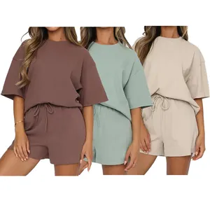 Custom 2 Piece T Shirt And Sweat Short Set Women Summer Solid Color Short Sweat Suits