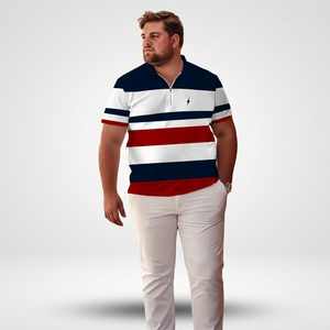 Polo rayé pour homme à manches courtes, color-block, fermeture éclair sur le devant, décontracté, en coton tricoté respirant, blanc, marine, rouge - Product Image 6