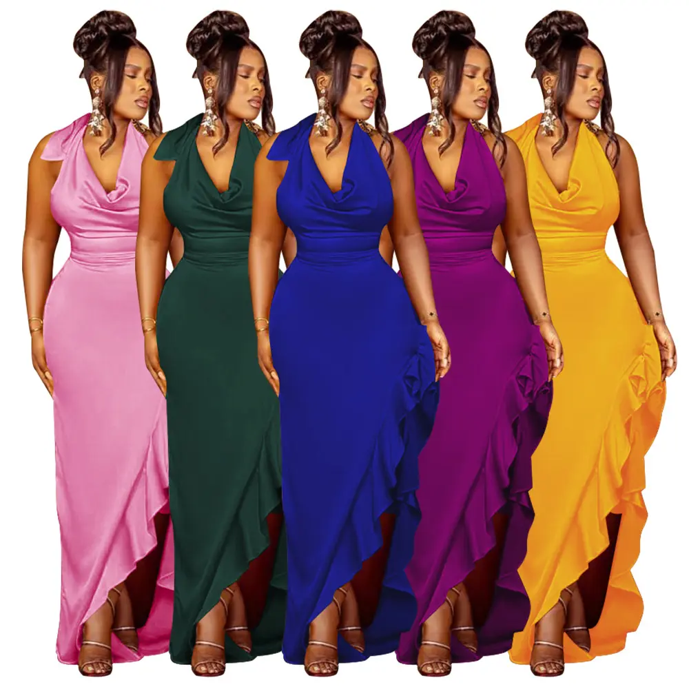 K10440 여성을위한 최신 디자인 가운 이브닝 드레스 스윙 홀터넥 섹시한 등이없는 파티 드레스 여성 프릴 드레스