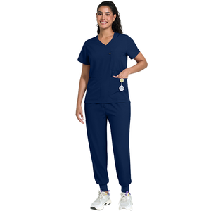 Women's Navy Blue V-Neck <b>Scrub</b> Set Short Sleeve Top <b>Jogger</b> Pants Hospital Uniform Nurse Doctor Workwear - Product Image 1