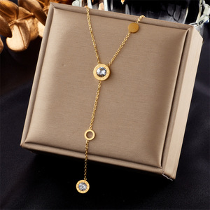 Simple Gold Circle Tassel Rhinestone Chain Necklace Geometric Bezel Setting Clavicle Jewelry - Product Image 1