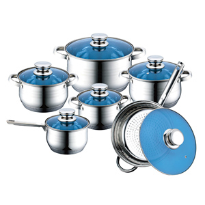 OEM 12pcs Blue Glass Jumbo Stainless Cookware Set Casserole <strong>Induction</strong> 9 Step Stainless Steel <strong>Saucepan</strong> - Product Image 1