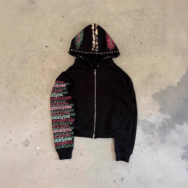 Custom 'Apocalypse' Letter Print Zip-Up Hoodie Black Regular Length with Eyelet Details & Leopard Print Lining Unisex Hip Hop