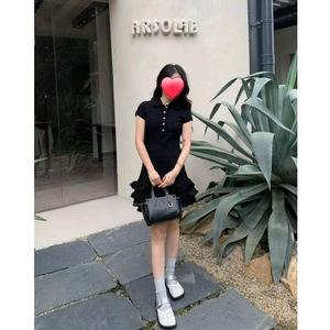 Black Polo Collar Short Sleeve Dress Women Summer 2025 Preppy Slim Fit Cake Skirt Solid Color Daily Wear - Product Image 1