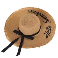 Topi Pantai Wanita Modis Bordir Huruf, Pinggiran Lebar, Bernapas, Hiasan Bunga dan Pita, Pelindung Sinar Matahari Musim Panas