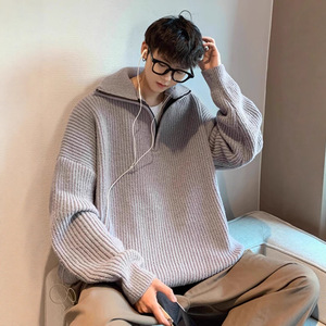 <span class=keywords><strong>Pull</strong></span> à col à revers pour homme, coupe ample, automne-hiver, couleur unie, demi-zip, tricoté en polyester, chaud, style coréen, chemise de base intérieure - Product Image 3