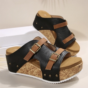 Sandales compensées pour femmes, vente en gros d'usine, été 2026, à bout ouvert, en liège, à double bride, chaussures décontractées - Product Image 5