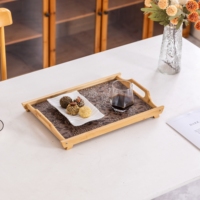 Plateau en bambou écologique et durable avec pieds de support, motif floral de vigne, incrustation en cuir, base en panneau composite pour la maison, le café et le restaurant