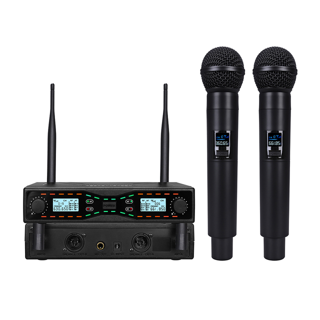 Professional UHF Wireless Microphone System Light-weight Noise Cancelling Dual Channel Metal & Plastic for Karaoke DJ Stage