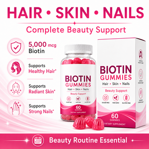 Complément alimentaire végétalien en gommes à la <span class=keywords><strong>biotine</strong></span> 5000 mcg avec collagène, zinc, vitamines C et E pour la santé des cheveux, de la peau et des ongles chez l'adulte, ODM - Product Image 5