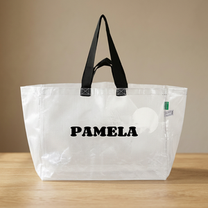 Bolsa de Compras Mediana Transparente Tejida Pamela con Asas de Cuerda, Cierre de Cremallera, Correa para el Hombro y Estampado de Letras Personalizado para Compras - Product Image 1