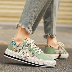 Vintage-Style <strong>Green</strong> <strong>Canvas</strong> <strong>Shoes</strong> with Ethnic Pattern and Braided Sole Unisex new men <strong>shoe</strong> - Product Image 3