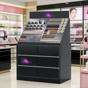 ชั้นวางสินค้าบูติกความงามแบบตั้งพื้นไม้ พร้อมช่องวางอะคริลิคและลิ้นชักเก็บของสำหรับร้านเครื่องสำอาง - Product Image 1