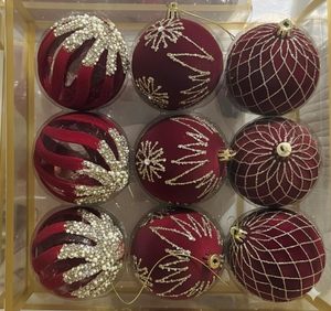 Boules de Noël suspendues bordeaux, boules de sapin en velours rouge, décorations floquées pour sapin de Noël - Product Image 1