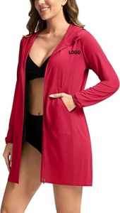 Vente en gros de maillots de bain personnalisés UPF 50+ à séchage rapide, respirants, avec fermeture éclair intégrale, protection solaire, capuche, SPF, légers, pour femmes, longs rashguards - Product Image 2