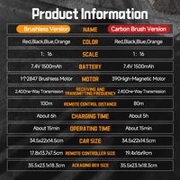 Coche Teledirigido Todoterreno 4x4 sin Escobillas 1/16 RTR con Luz LED, Alcance de 100m y Velocidad de 50km/h