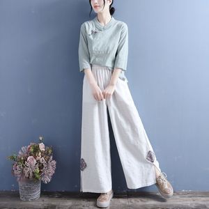 Artistic Retro Cotton Linen Wide Leg Trousers With Embroidery Split Design Casual Pants For Women - Product Image 4