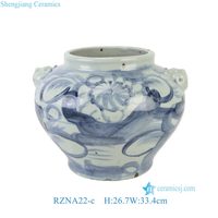 RZNA22-B Vaso in Stile Antico Blu e Bianco con Manici a Testa di Leone, Vasi Decorativi di Lusso per la Casa