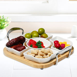 Plateau de service en bambou Plats de service à dessert Plateau à collation 5 assiettes amovibles en porcelaine blanche avec plateau en bambou - Product Image 2