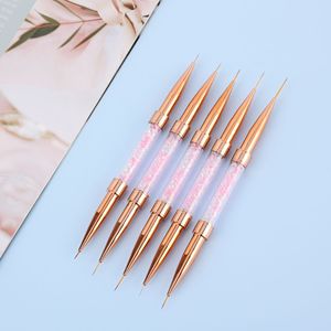 Pinceau double embout pour nail art, or rose, poils synthétiques, strass, virole en cuivre, plat, pour dessin floral, stylo de peinture gel pour ongles - Product Image 3