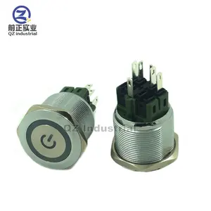 QZ 25mm Push On/Push Off lat top metal push button switch with power symbol and circular LED light