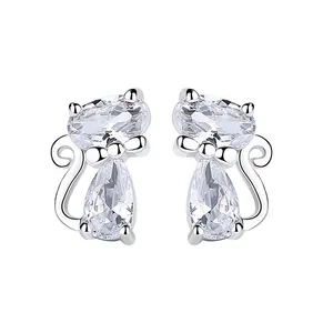 Bijoux animaux mignons Bijoux de chat en zircon Boucles d'oreilles en os de poisson en or en argent sterling 925 pour filles