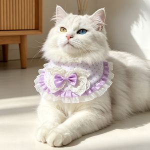 Soft Lace Pet <b>Collar</b> Adjustable For Cats Small Size Plaid Pattern Polyester Material Hand Wash Buckle Closure Daily Use - Product Image 4