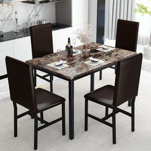 Dinette moderna per piccolo spazio tavolo da pranzo marrone marmo finitura superiore e 4 sedie imbottite in pelle PU ideale per sala da pranzo - Product Image 2
