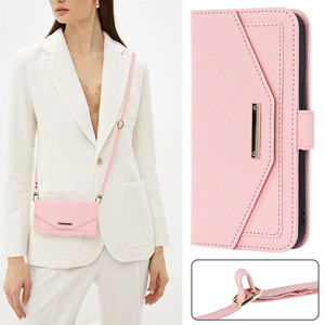 Étui de téléphone à rabat en cuir PU avec bandoulière, porte-cartes, miroir et protection intégrale - Product Image 1