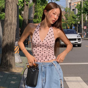 Top court d'été à imprimé pois, col halter en V, coupe ajustée, mignon, sexy, sans manches, dos nu pour femme - Product Image 4